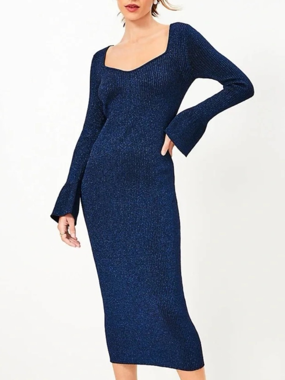 Loft Sparkle Ribbed Trumpet Sleeve Sweater Dress NWT Size XXL